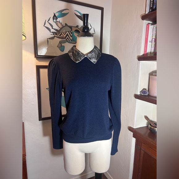 Rare Zara W/B Blue Sweater with Peter Pan Lace Floral Made in Portugal Medium - Picture 1 of 3